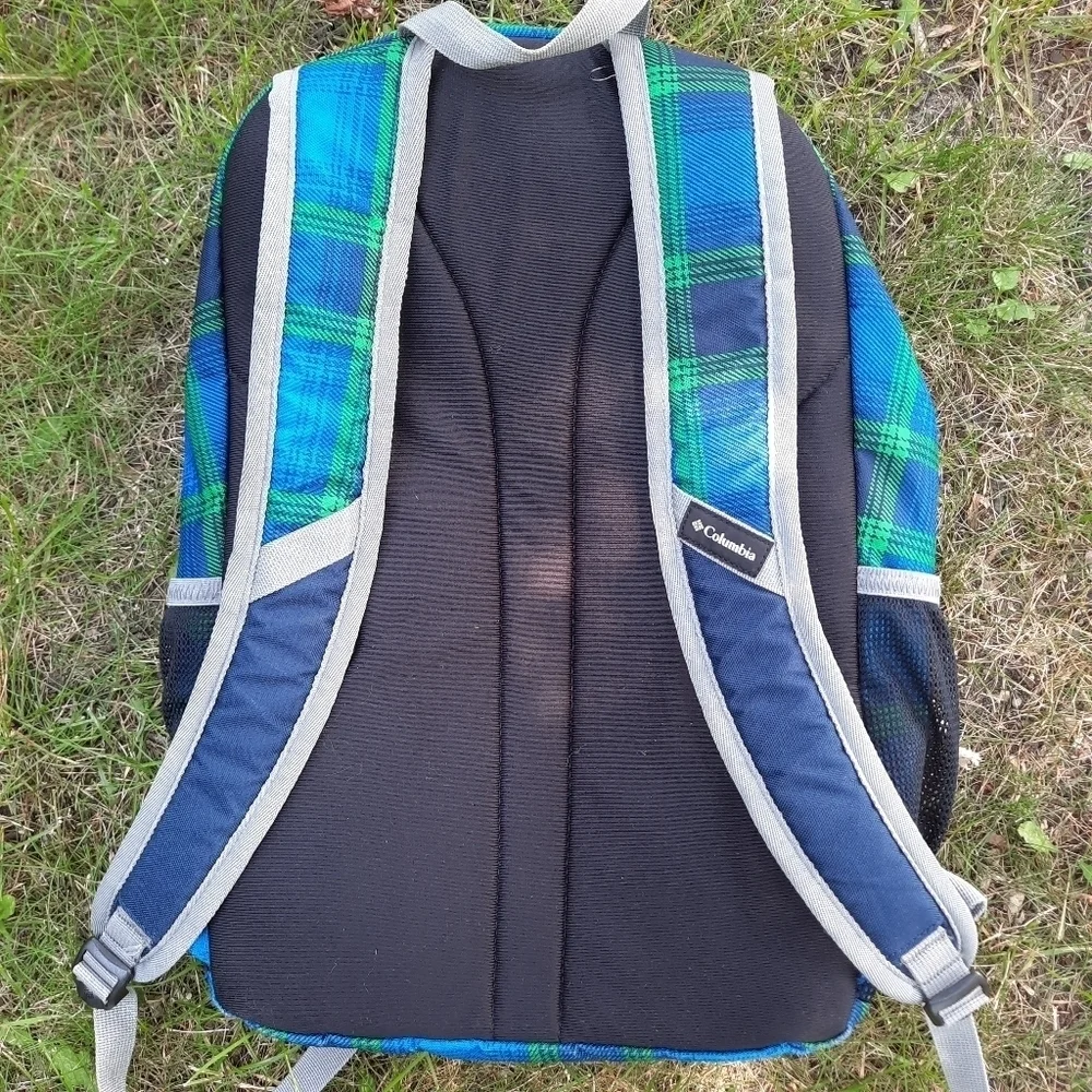 🛍 Columbia Beacon Daypack Backpack 2 water bottle pockets blue green plaid